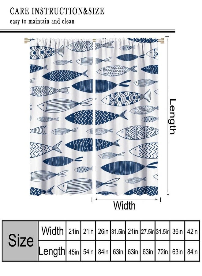 YCness Abstract Nautical Fish Curtains Rod Pocket Geometric Figure Window Treatments for Kitchen Living Room Vintage Watercolor Blue Cartoon Fish Window Drapes,2 Panels 42x45 Inch - Image 2